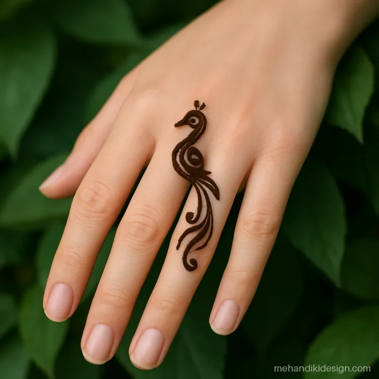 Peacock wali mehandi with a tiny mor on the middle finger