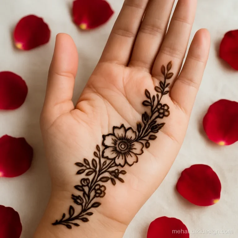 Phool wali mehandi with a curved flower bel along the palm edge