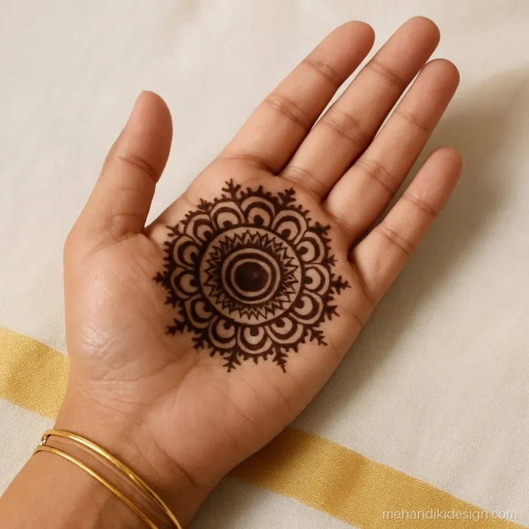 Onam mehandi design with a layered pookalam flower circle filling the palm