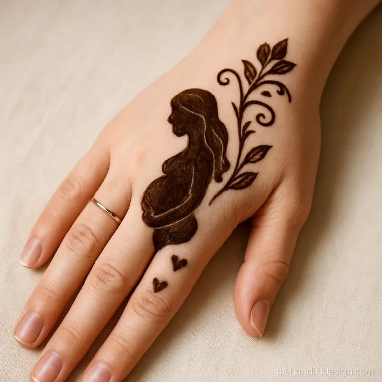 Mehandi design for baby shower with a pregnant mother silhouette and flowers