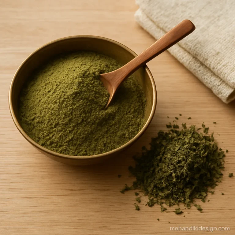 Pure natural mehandi powder for hair in a brass bowl with dried henna leaves