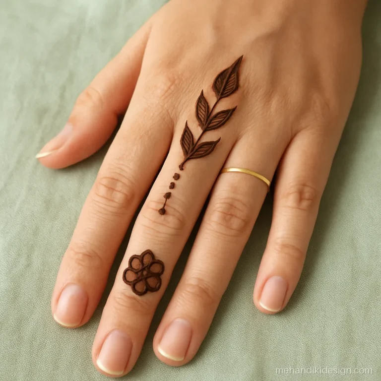 Quick sawan mehandi with three leaves on the index finger and dots
