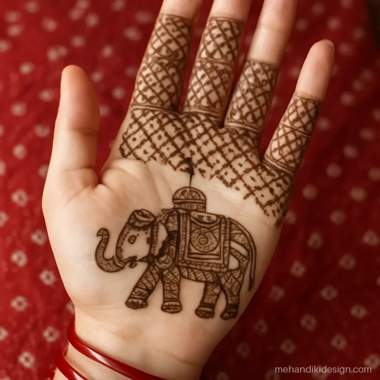 Rajasthani mehandi with a decorated elephant carrying a howdah
