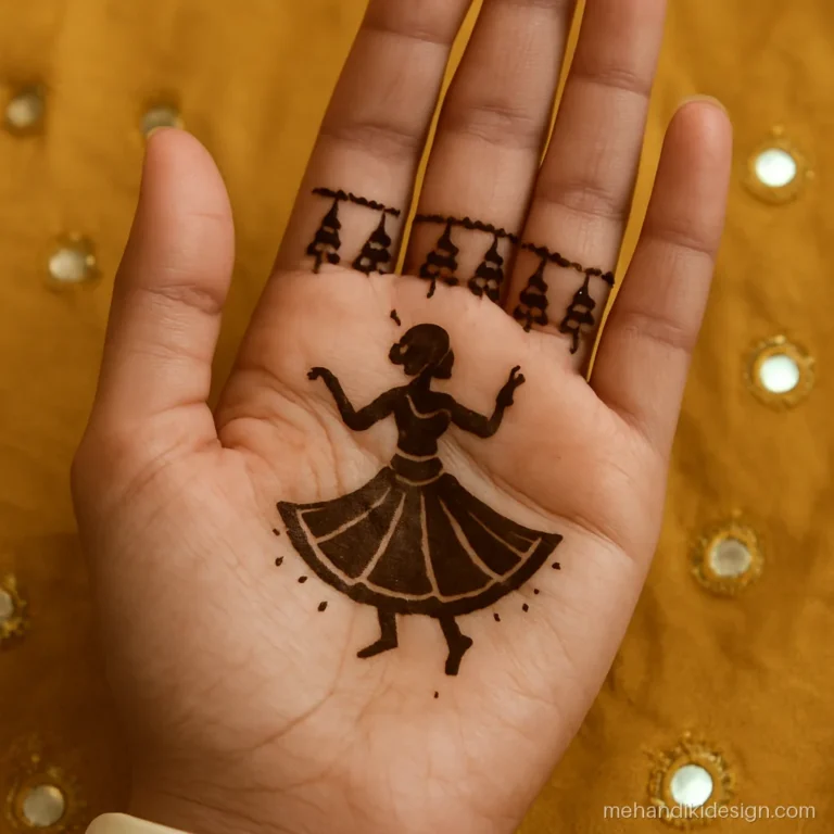 Rajasthani mehandi with a ghoomar dancer and temple bells