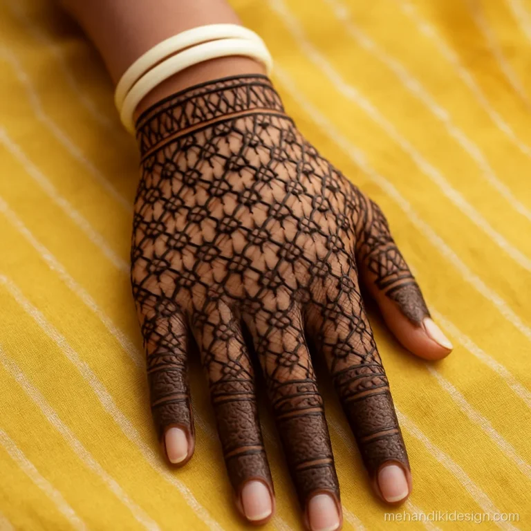 Rajasthani mehandi with a jaal of flowers covering the back hand