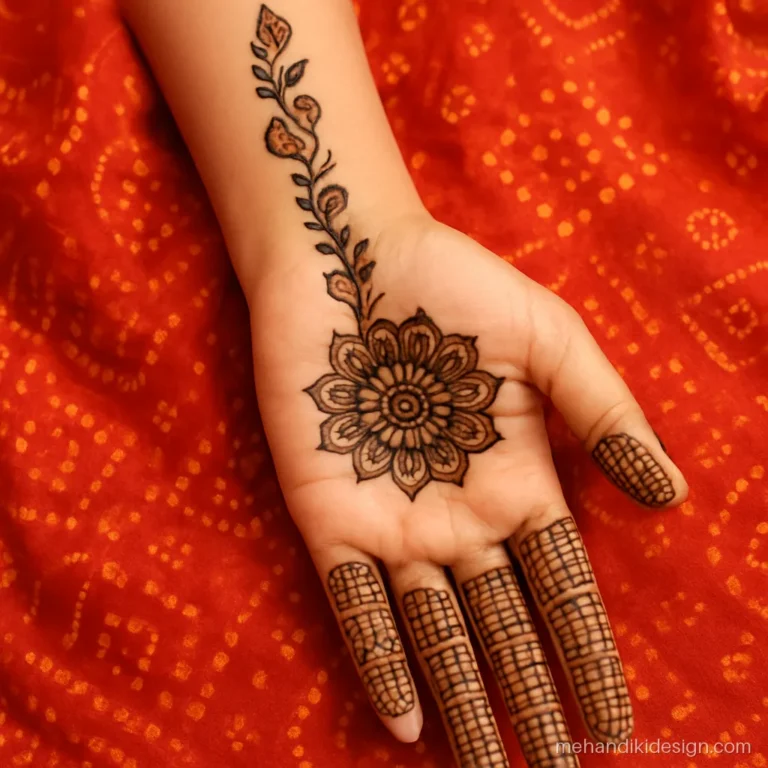 Rajasthani mehandi with a kairi chain climbing the forearm