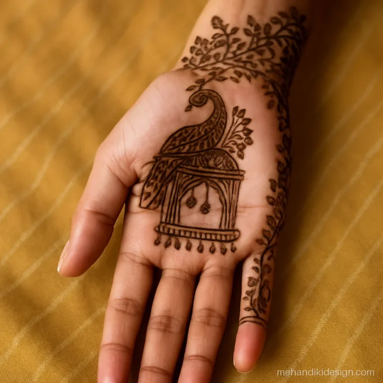 Rajasthani mehandi with a peacock sitting on a jharokha window