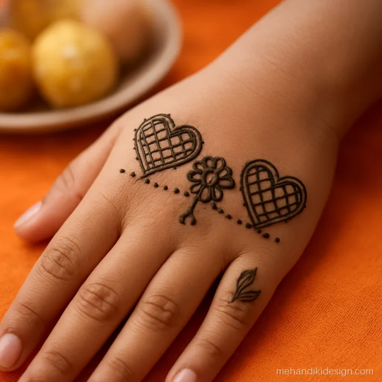 Rakhi mehandi design with two hearts linked by a rakhi thread on the back hand