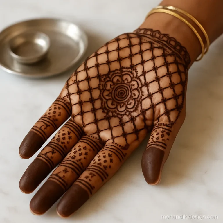 Raksha bandhan ki mehandi with rakhi flowers set inside a full hand jaal