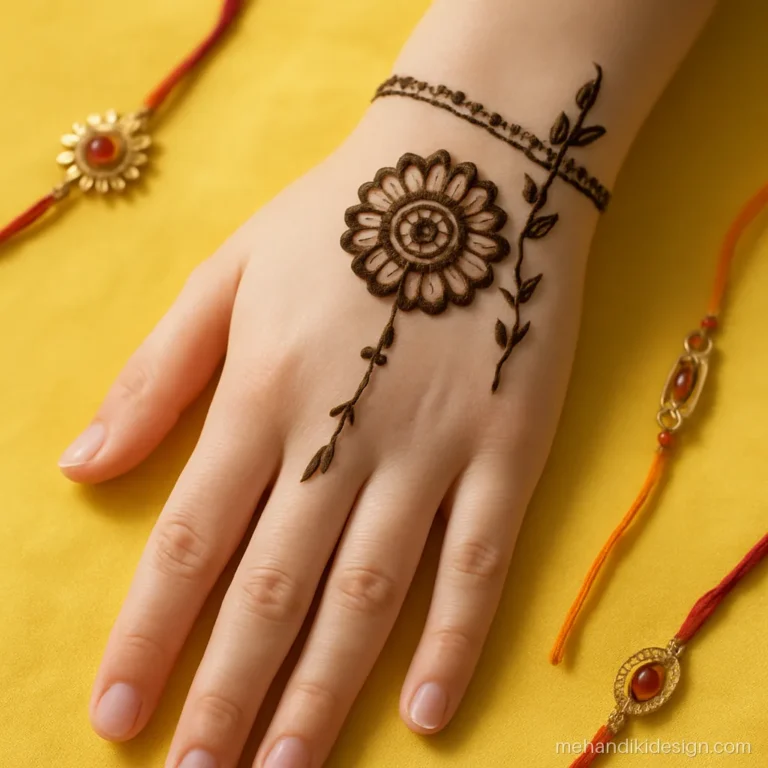 Raksha bandhan mehandi design with a rakhi drawn around the wrist