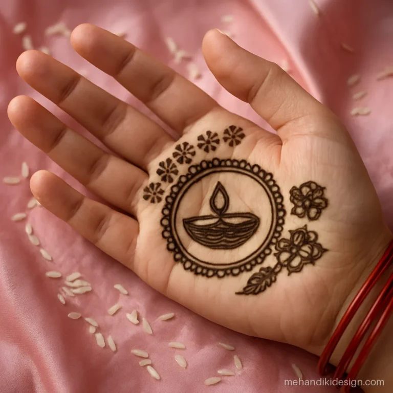 Rakshabandhan mehandi with a puja thali, diya and roli bowl on the palm