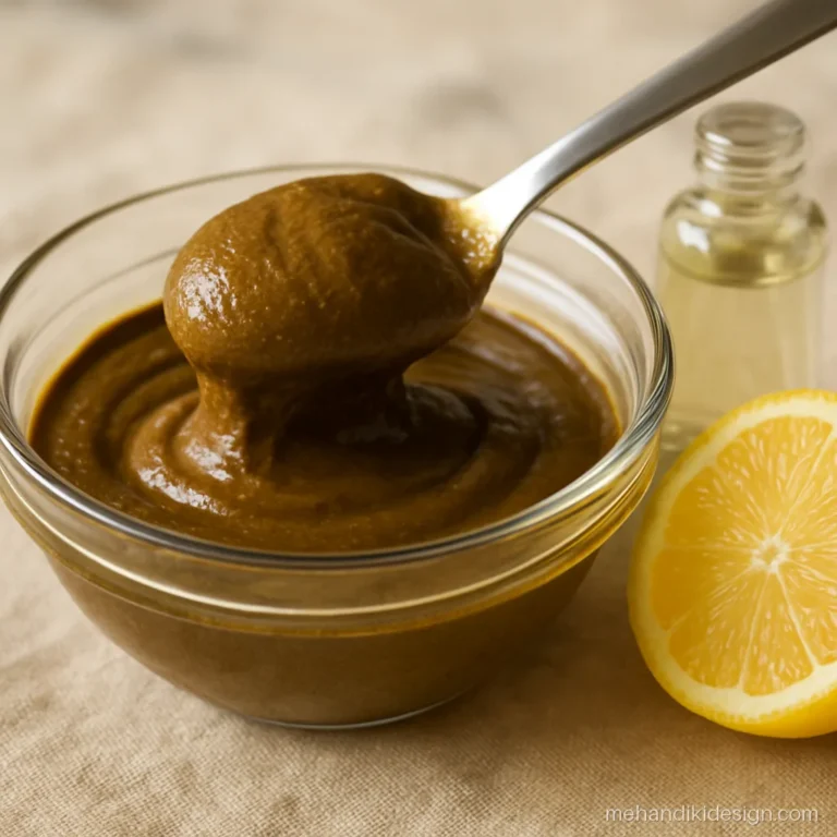 Rested mehandi paste with a brown dye release layer in a glass bowl