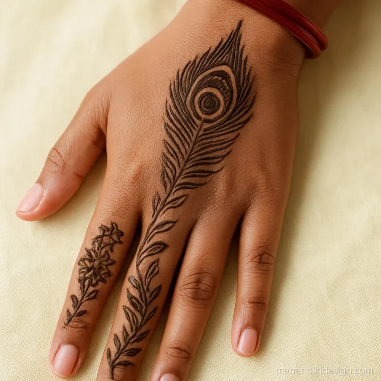 Mehandi design right hand back side with a peacock feather bel to the wrist