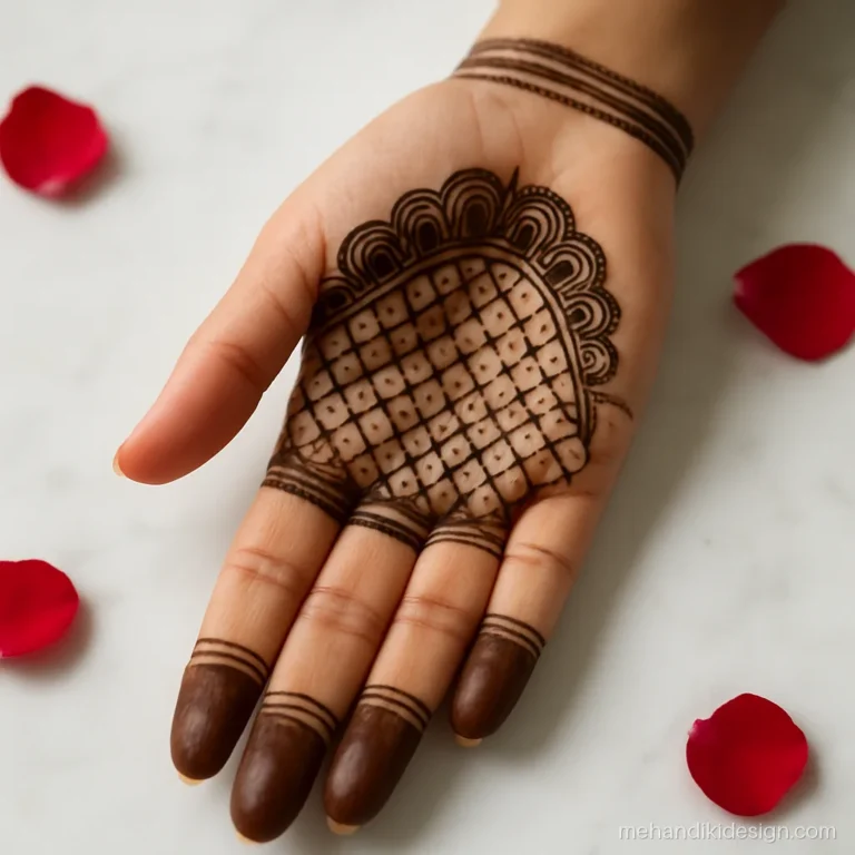 Right hand mehandi design front side with an arch and jaal net in the palm