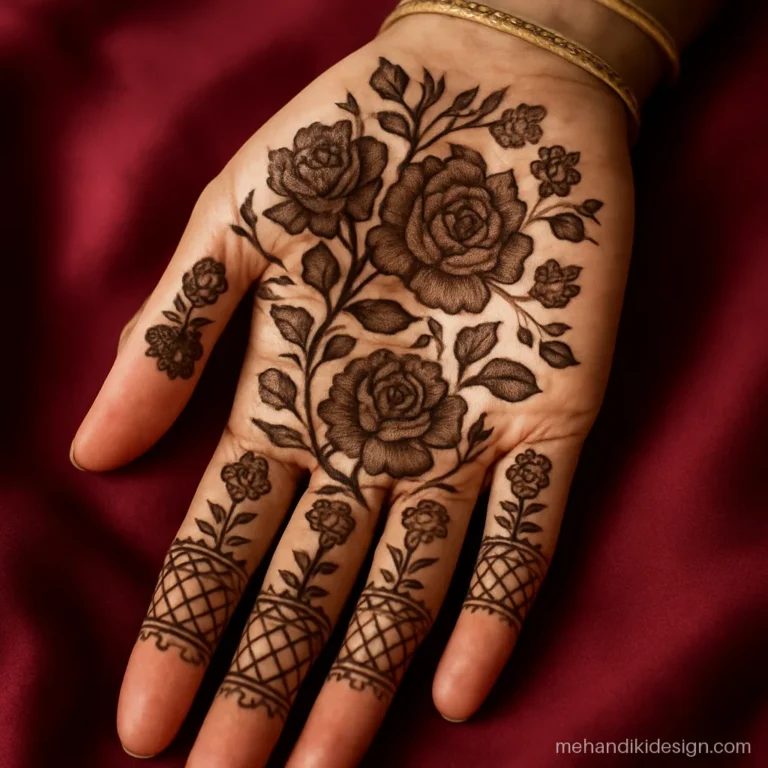 Right hand ki mehandi with full flowers covering the front up to the wrist