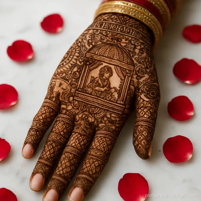 Right hand mehandi design for a bride with a dholi and dholak main motif