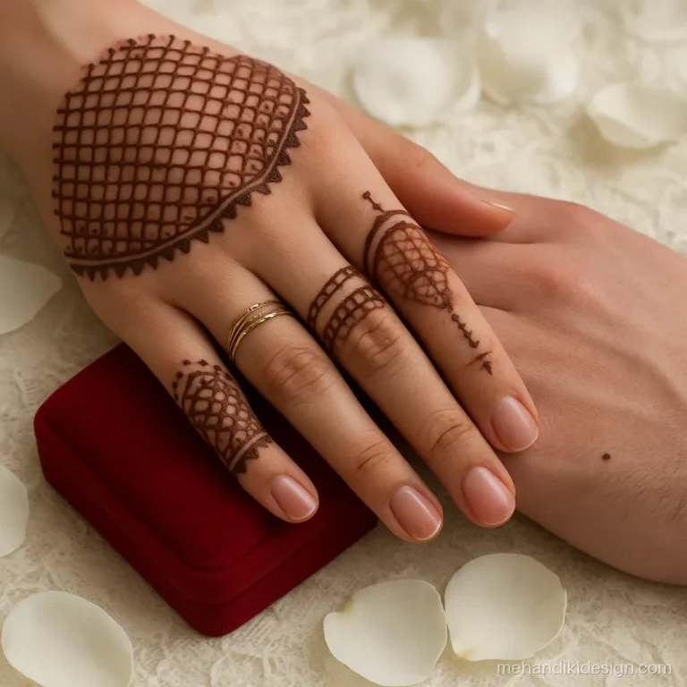 Ring ceremony mehandi design with a couple's hands and engagement rings