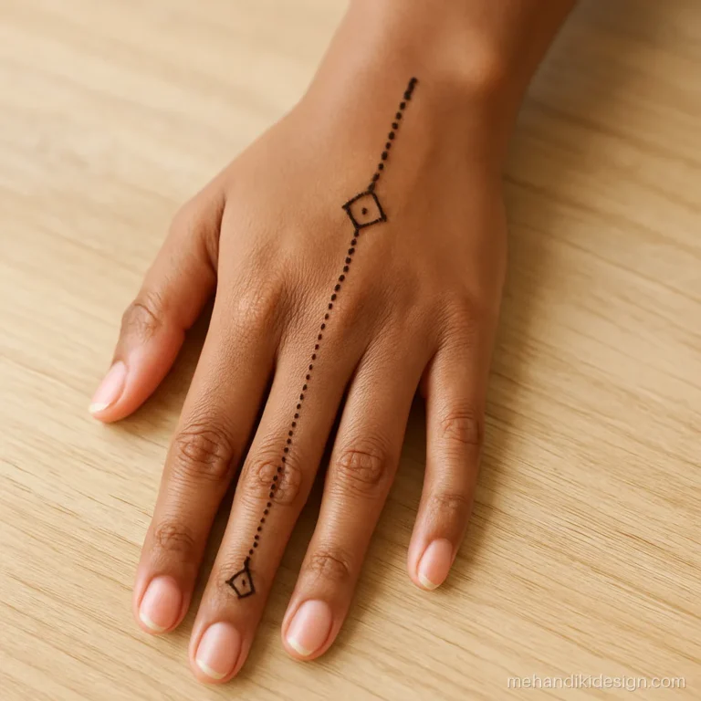 Minimal jewellery mehandi with a ring finger band and single drop chain to the wrist