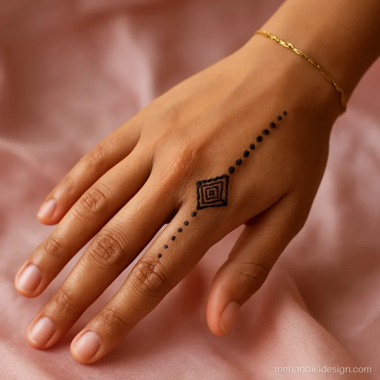 Ring finger mehandi with a drawn diamond motif and a dotted bel to the wrist