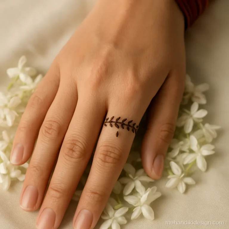 Ring style finger mehandi with a band of tiny leaves on the ring finger