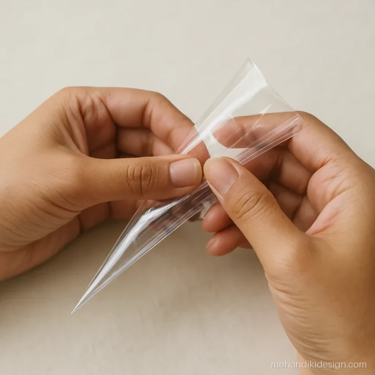 Hands rolling a cellophane sheet into a tight mehandi cone