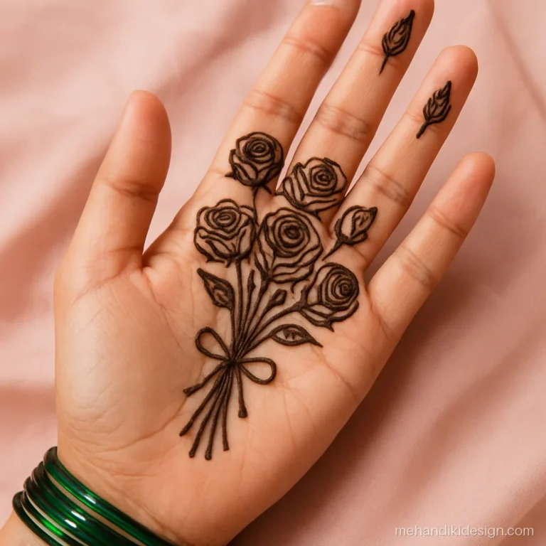 Rose flower mehandi design with a small bouquet in the palm