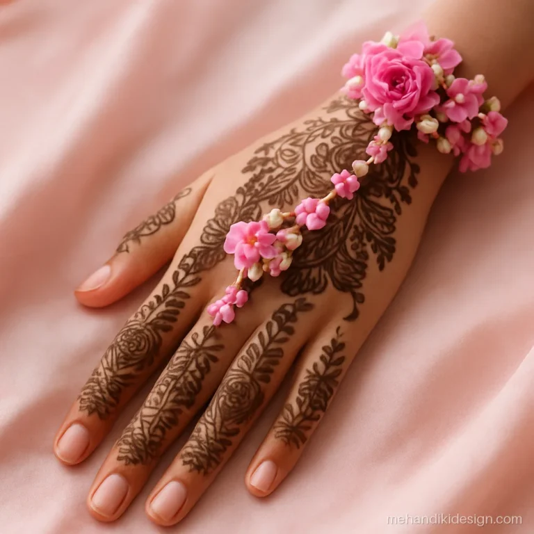 Flower haathphool made of pink orchids and roses worn over bridal mehandi on the back hand