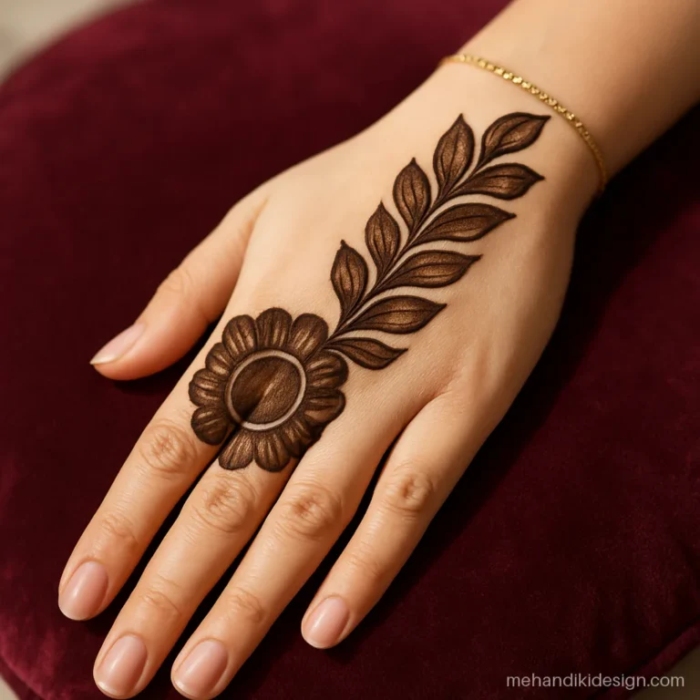 Round arabic mehandi design with shaded petals trailing from a circle