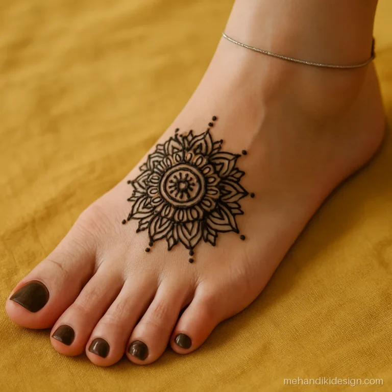Round mehandi design on the top of the foot with a mandala and toe caps