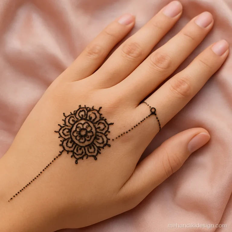 Round mehandi design on the ring finger with a mandala and thin chain