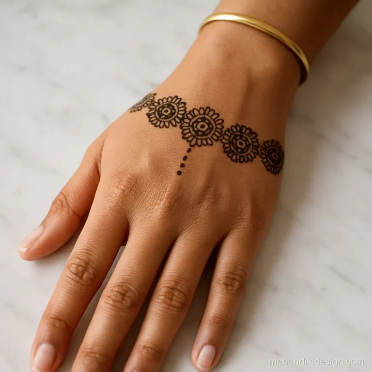 Round mehandi design shaped like a bracelet of small circles around the wrist