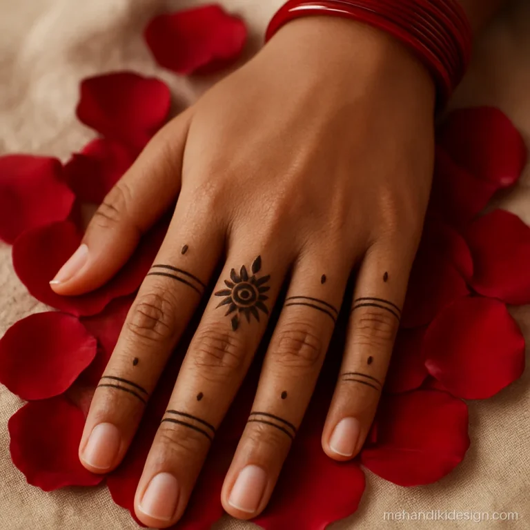 Circle mehandi design with small rings on each finger and a centre dot