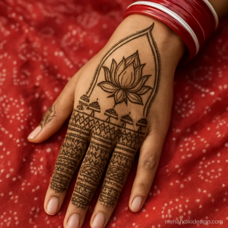 Royal front hand mehndi design with a tall arch framing a lotus and chhatri forearm