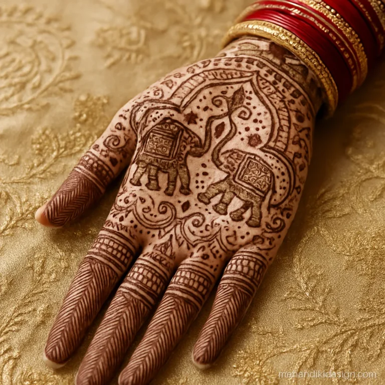 Royal bridal mehndi with two facing elephants carrying decorated ambari seats on the palm