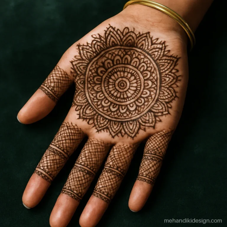 Royal bridal mehendi with a mirror work style mandala filling the whole palm