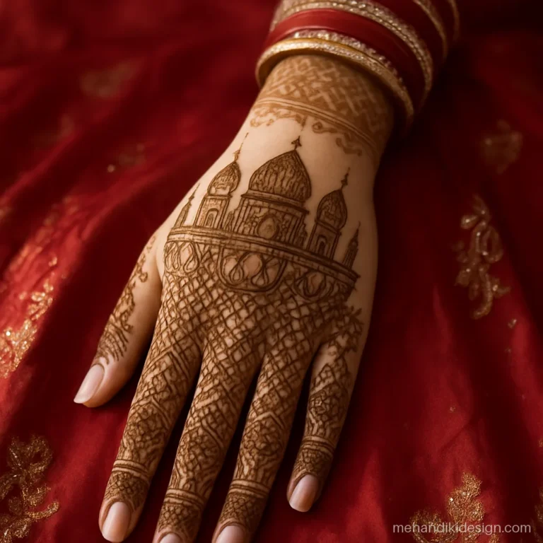 Royal bridal mehendi design with a palace of three onion domes across the palm