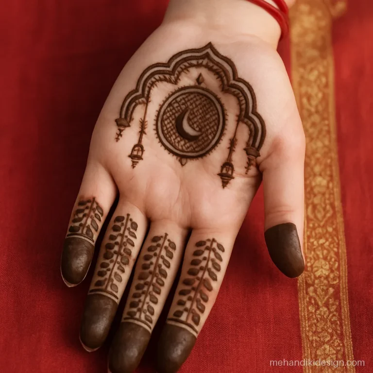 Royal festival mehndi with a chalni and crescent moon framed by a palace arch