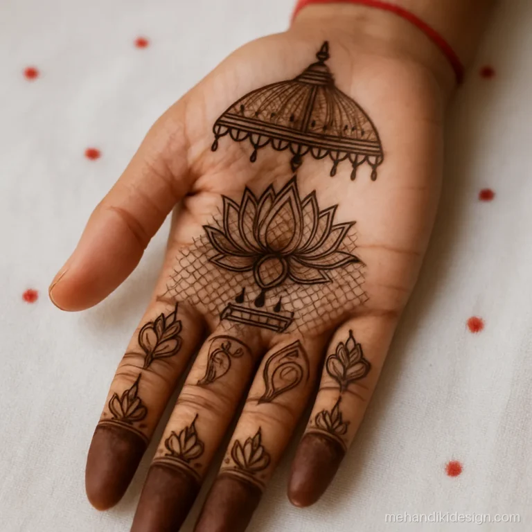 Royal mehendi designs palm with a lotus throne under a tasselled royal umbrella