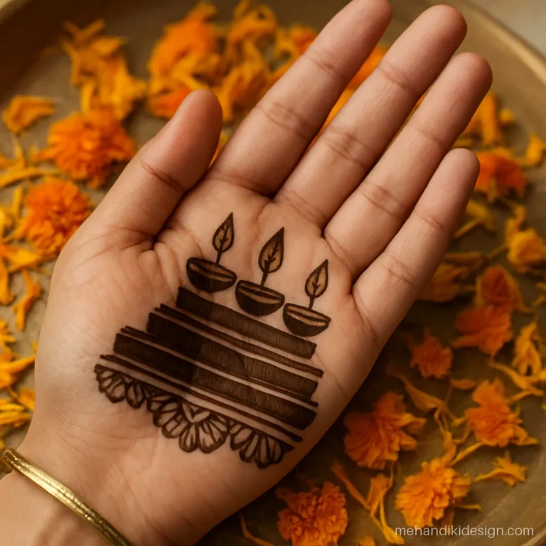 Royal Diwali mehndi design with five diyas on palace steps across the palm