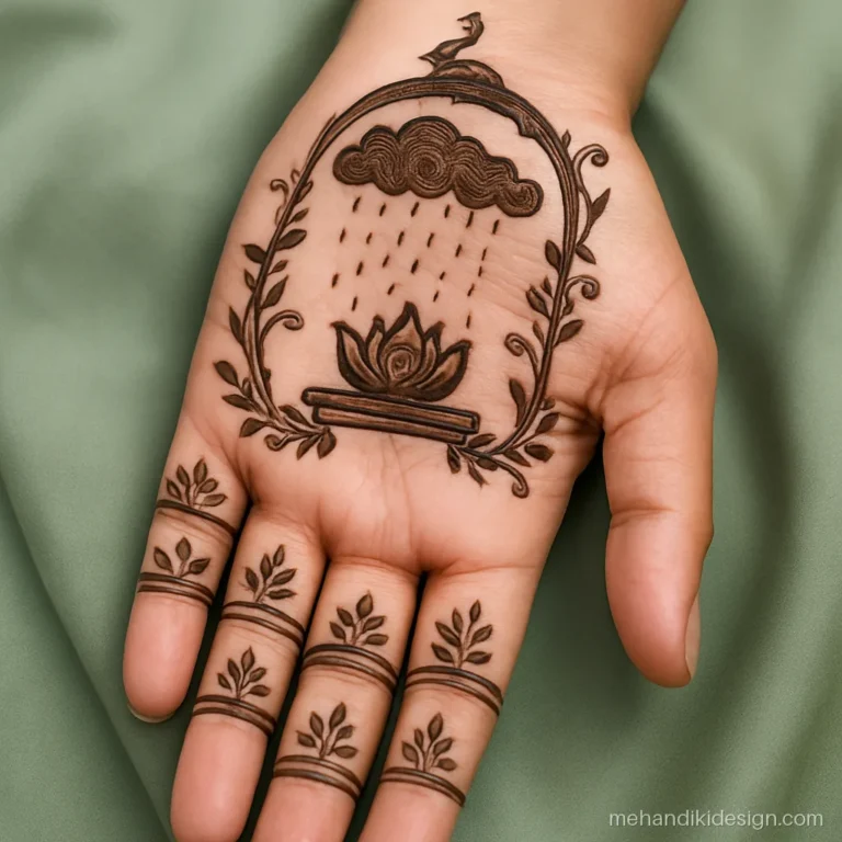 Royal mehndi design with a swing hanging from a peacock topped arch for Teej