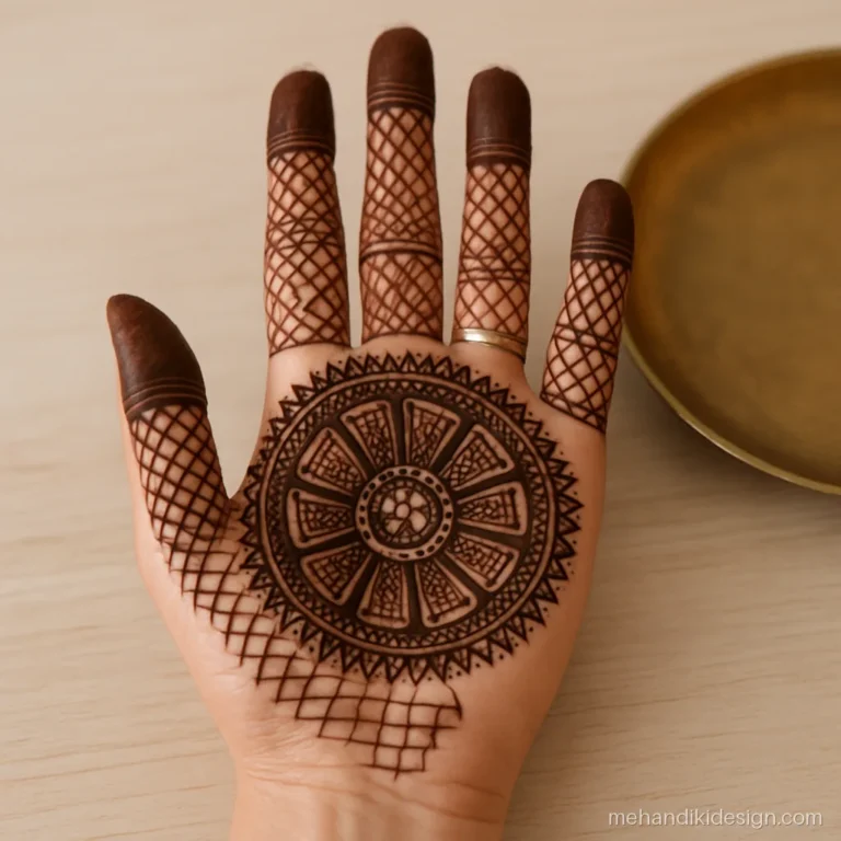 Royal front hand mehndi design with a spoked chariot wheel mandala and netted fingers