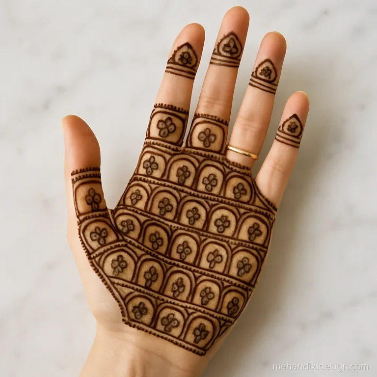 Royal mehndi design with rows of small arched niches like a sheesh mahal wall
