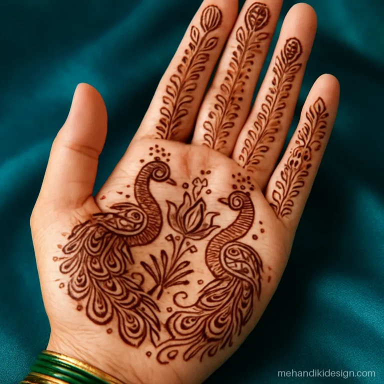 Royal mehendi design with two peacocks whose tails sweep up the index and little fingers