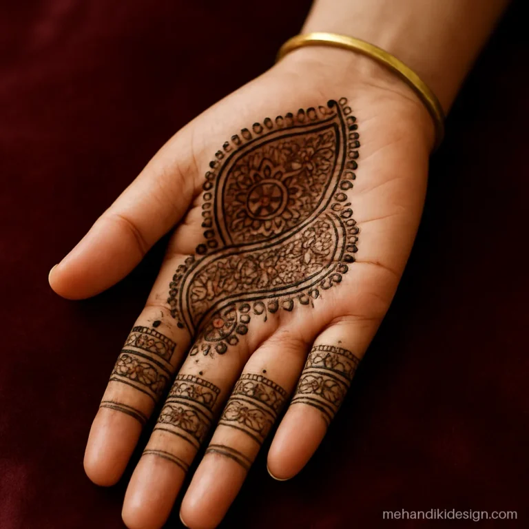 Royal mehandi design with one huge zardozi style kairi across the palm