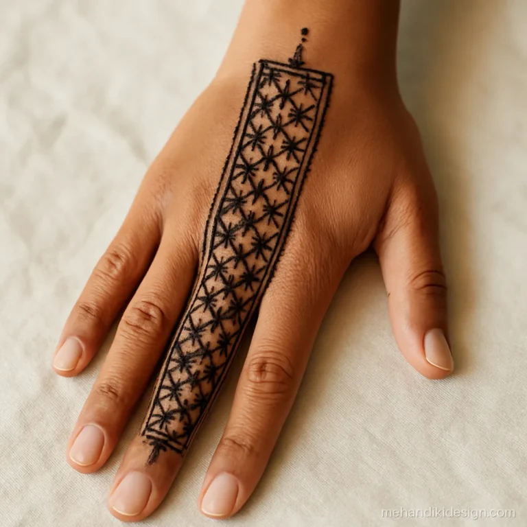 Instagram style royal mehndi with a jali lattice strip down the palm centre