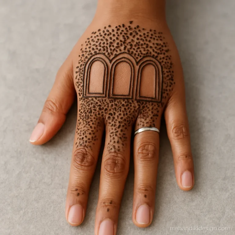 Royal stylish mehndi design with three empty arch windows left in a filled palm