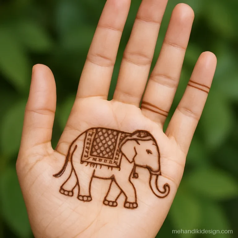 Royal mehendi design with one slim elephant and a patterned saddle on the lower palm