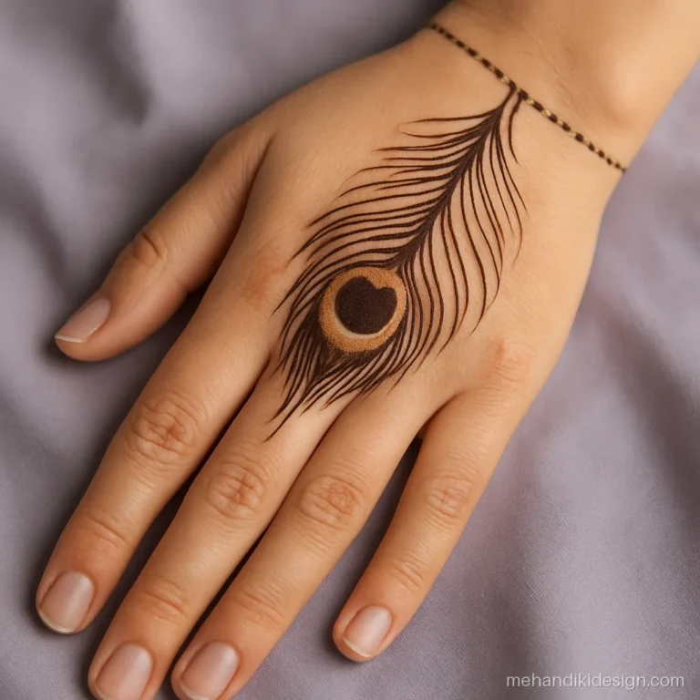 Simple royal mehandi with a single long peacock feather across the palm