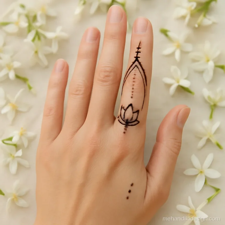 Royal mehndi design simple front hand with a narrow arch up the index finger