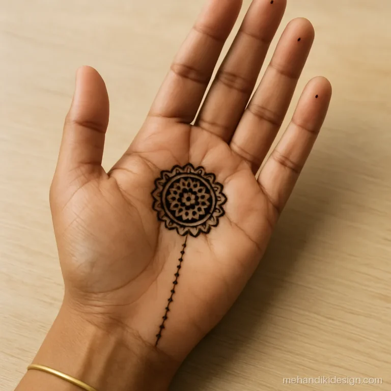Simple royal mehendi with a rosette medallion and bead chain to a wrist cuff